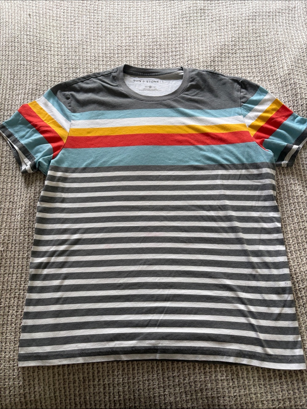 Sun + Stone Men's Multicolor Stripe Crew Neck Tee - Gray, Teal, Red, Yellow
